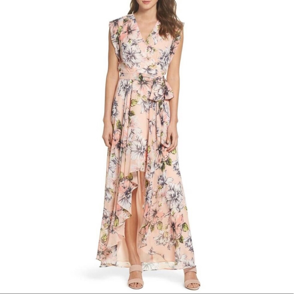 Eliza J Surplice Chiffon Floral Maxi Dress